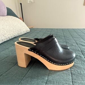Swedish Hasbeens Black Leather Mules with Wooden Heel